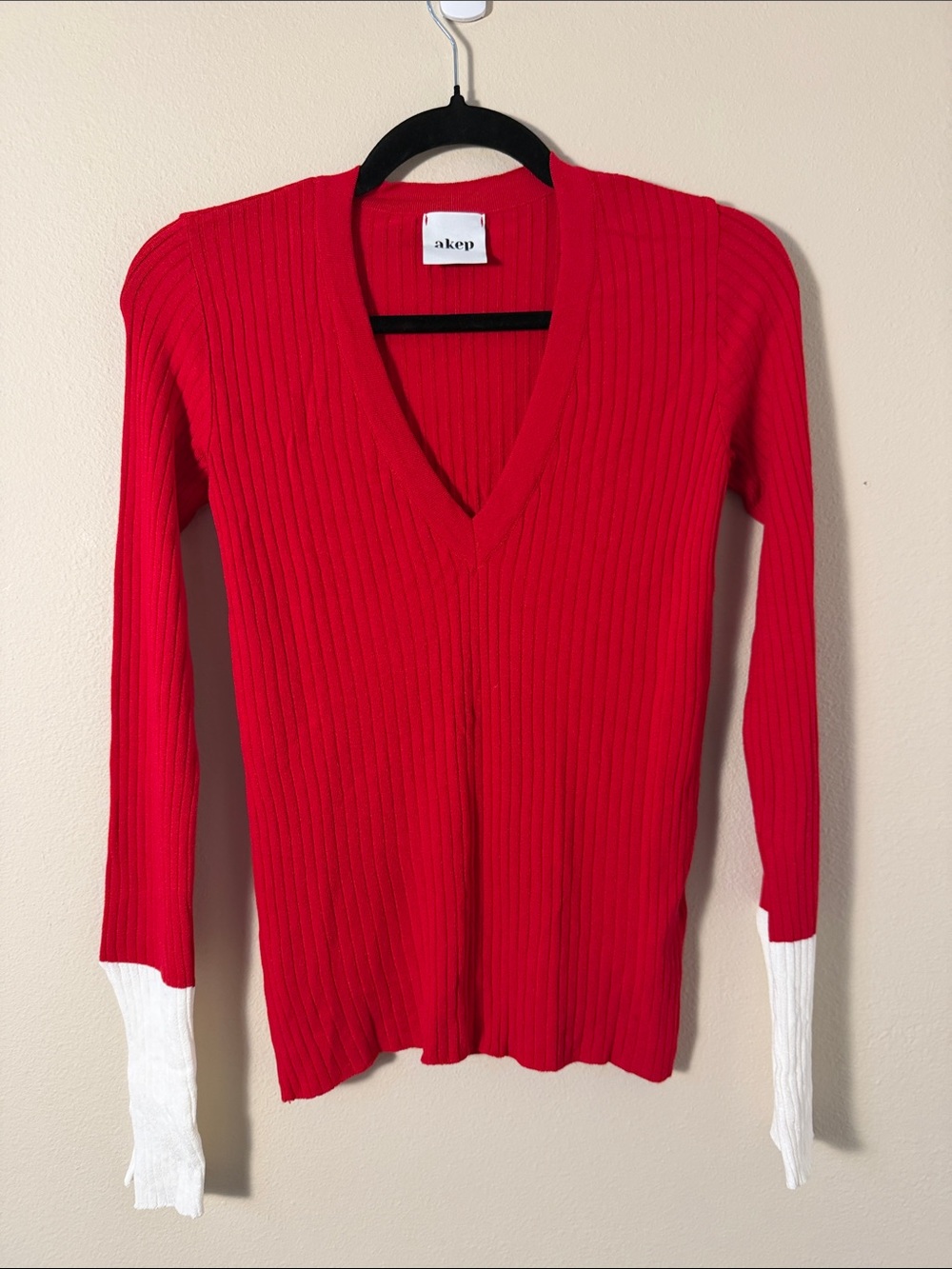 AKEP Red V-Neck Ribbed Sweater with White Split Cuffs Size 40 (US 4)